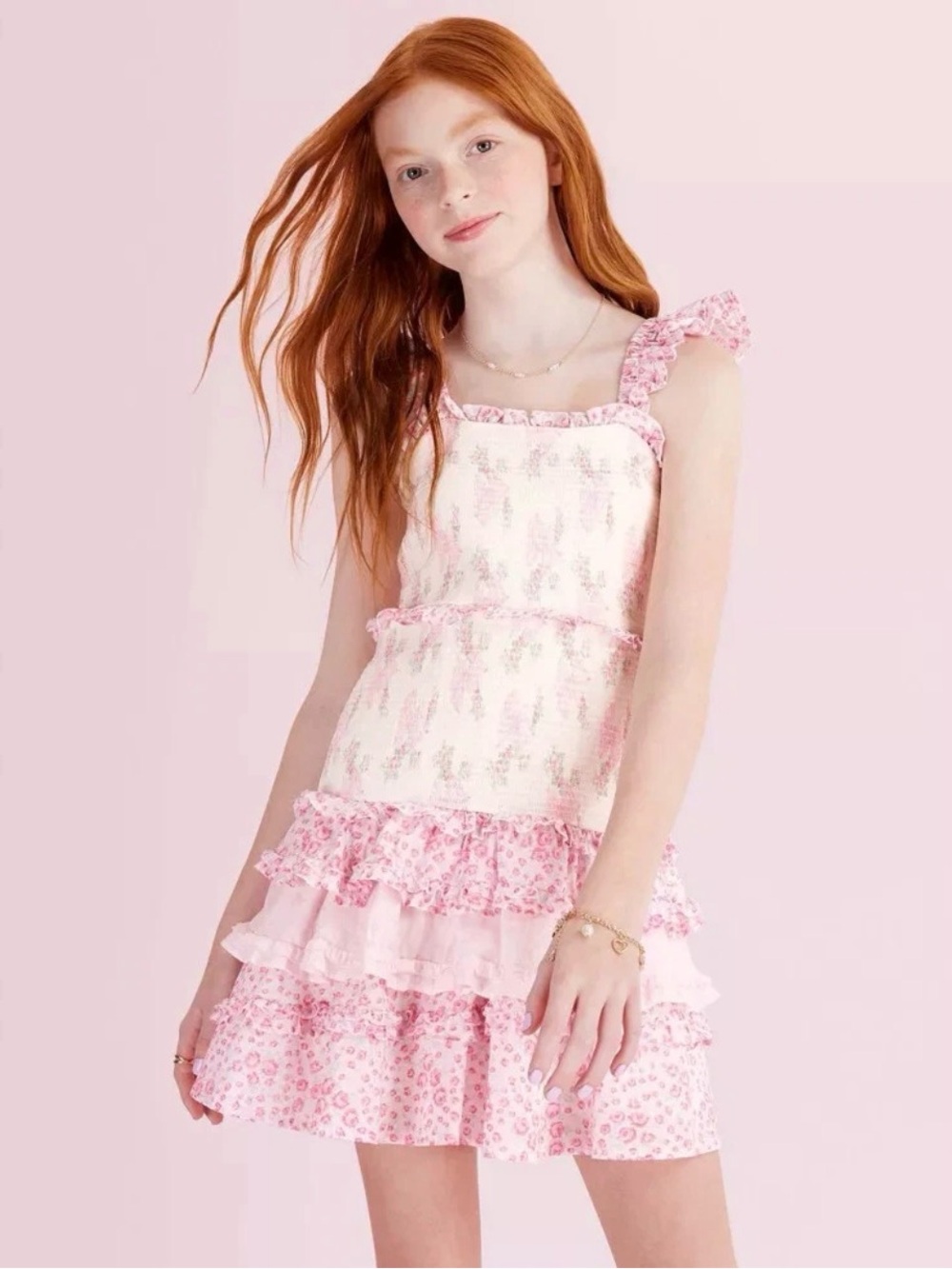 LoveShackFancy Girls' Evie Blooming Bows Ruffle Dress - Rose Pink, 12